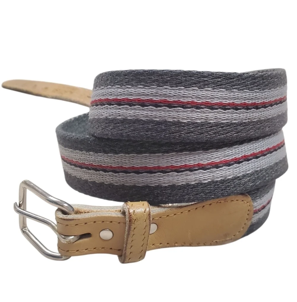 Canvas And Leather Belt. Gray, Red, & Tan. Silver Hardware. 40